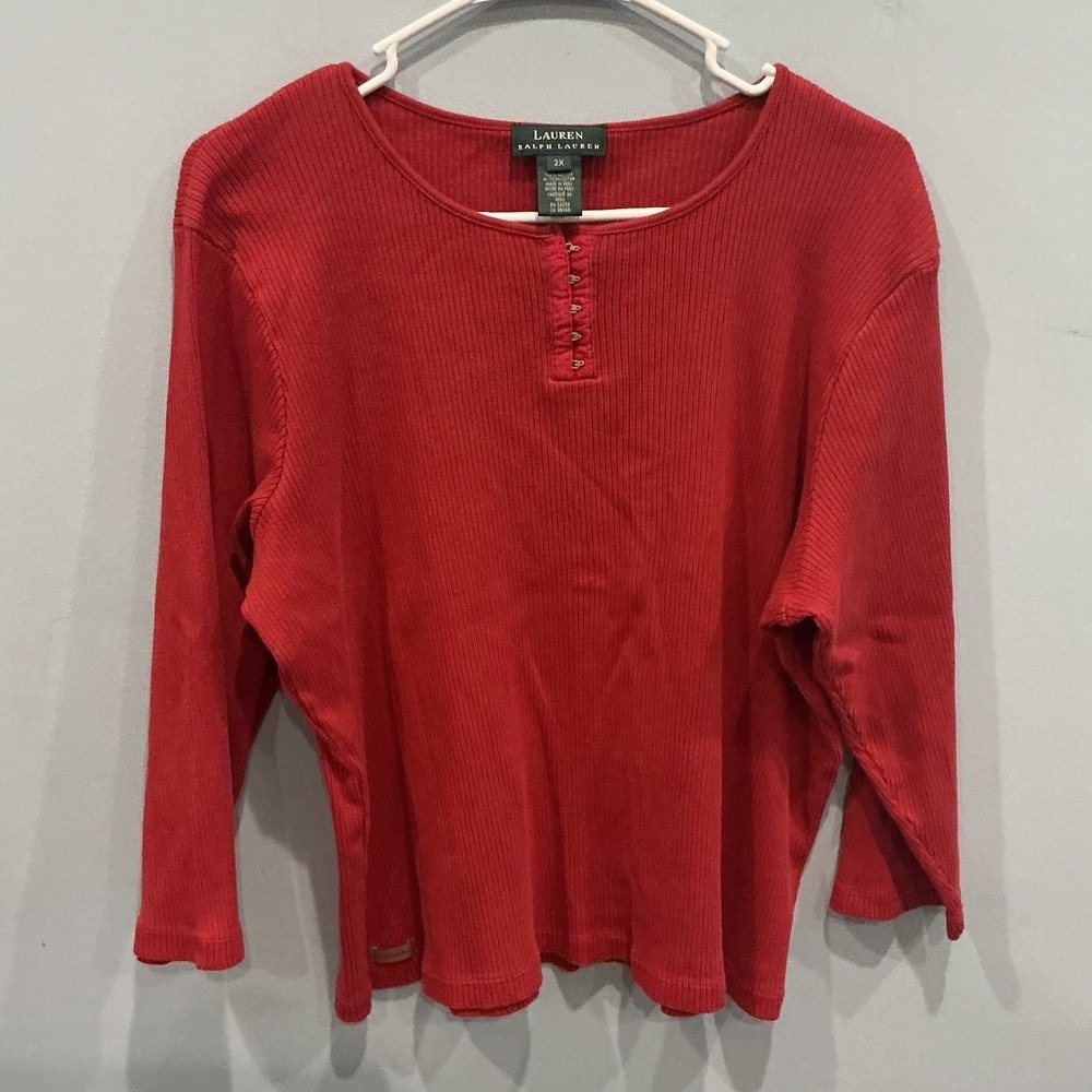 Vintage Lauren Ralph Lauren Women Ribbed Cotton Henley Top 2X Red Western Fall